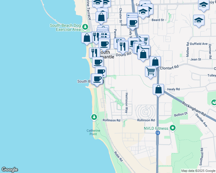 map of restaurants, bars, coffee shops, grocery stores, and more near 40 South Beach Promenade in South Fremantle