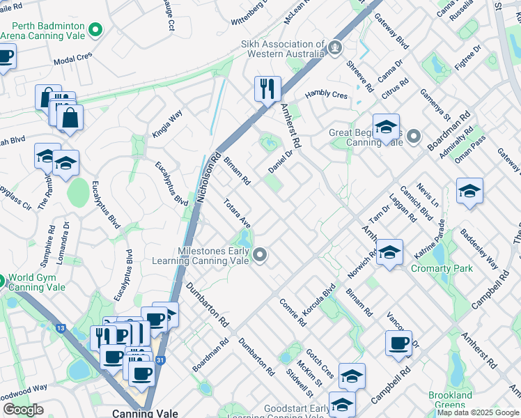 map of restaurants, bars, coffee shops, grocery stores, and more near 18 Flynn Street in Canning Vale