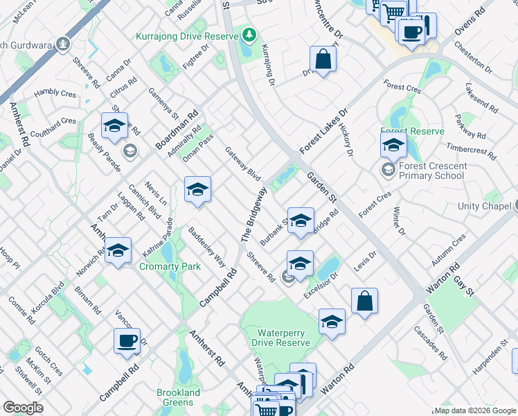 map of restaurants, bars, coffee shops, grocery stores, and more near 34 The Bridgeway in Canning Vale