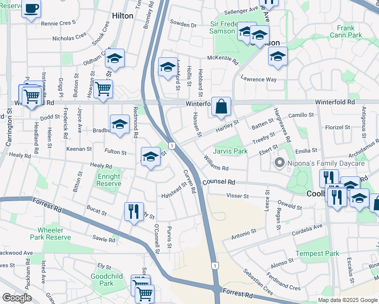 map of restaurants, bars, coffee shops, grocery stores, and more near 28 Lockett Street in Coolbellup