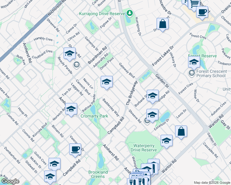 map of restaurants, bars, coffee shops, grocery stores, and more near 137 Shreeve Road in Canning Vale