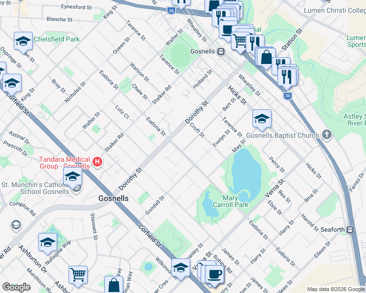 map of restaurants, bars, coffee shops, grocery stores, and more near 69 Bert Street in Gosnells