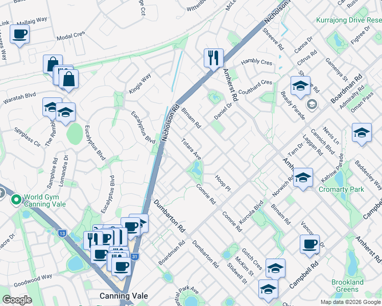 map of restaurants, bars, coffee shops, grocery stores, and more near 32 Totara Avenue in Canning Vale