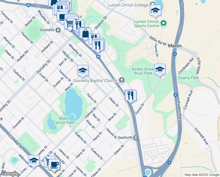 map of restaurants, bars, coffee shops, grocery stores, and more near 137A Wheatley Street in Gosnells