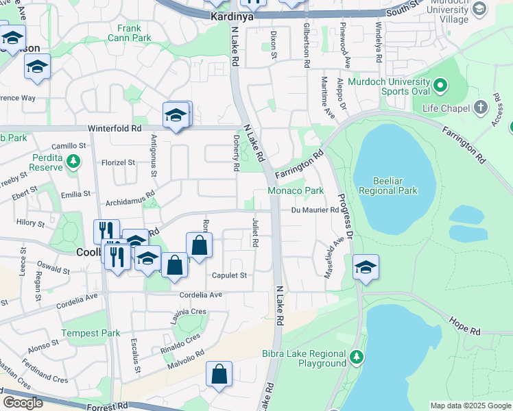 map of restaurants, bars, coffee shops, grocery stores, and more near 80 Waverley Road in Coolbellup