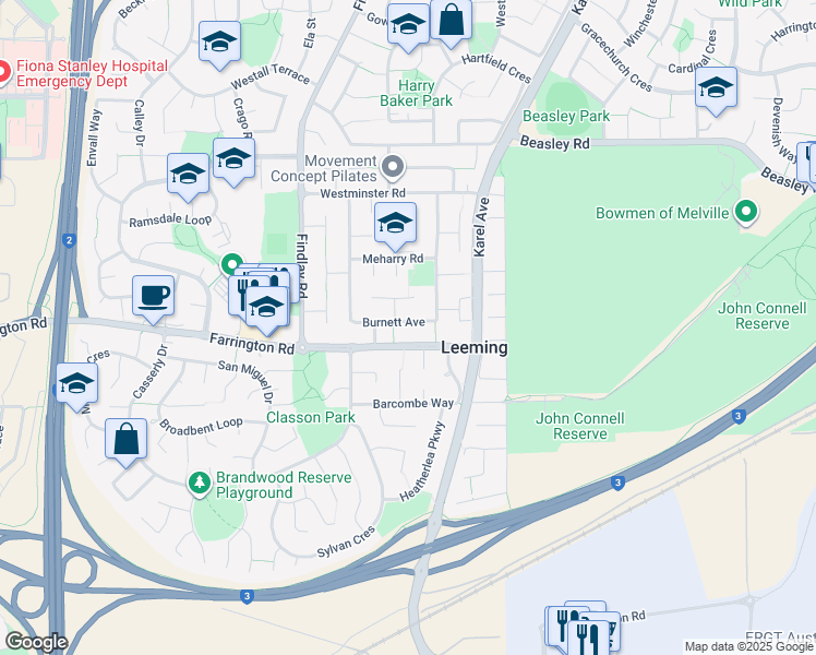map of restaurants, bars, coffee shops, grocery stores, and more near 45 Burnett Avenue in Leeming