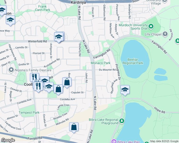 map of restaurants, bars, coffee shops, grocery stores, and more near 79 Waverley Road in Coolbellup