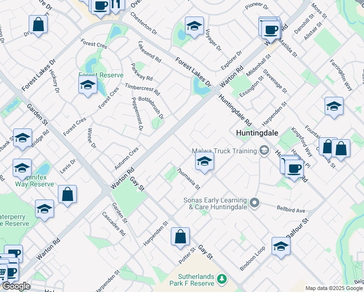 map of restaurants, bars, coffee shops, grocery stores, and more near 15 Bronzewing Street in Huntingdale