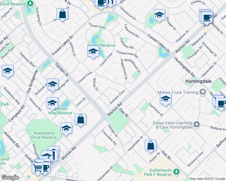 map of restaurants, bars, coffee shops, grocery stores, and more near 10 Karri Way in Thornlie