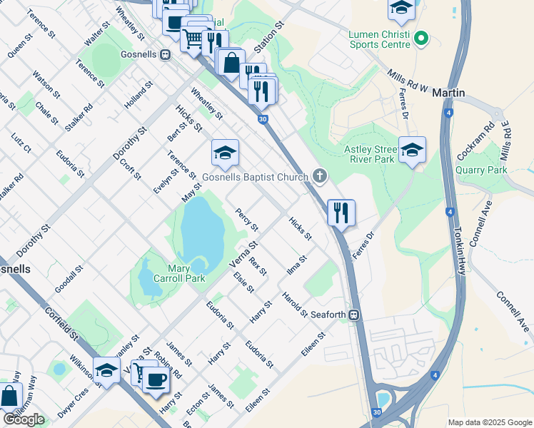 map of restaurants, bars, coffee shops, grocery stores, and more near 25 Verna Street in Gosnells