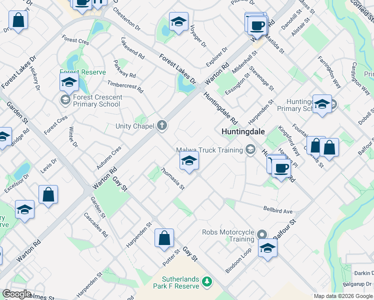 map of restaurants, bars, coffee shops, grocery stores, and more near 11 Blakemore Retreat in Huntingdale