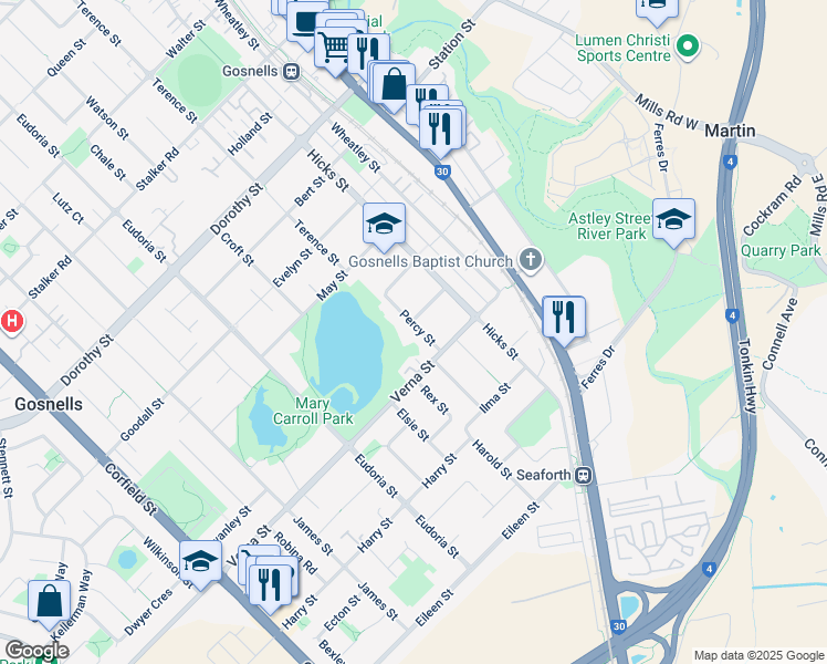 map of restaurants, bars, coffee shops, grocery stores, and more near 33 Percy Street in Gosnells