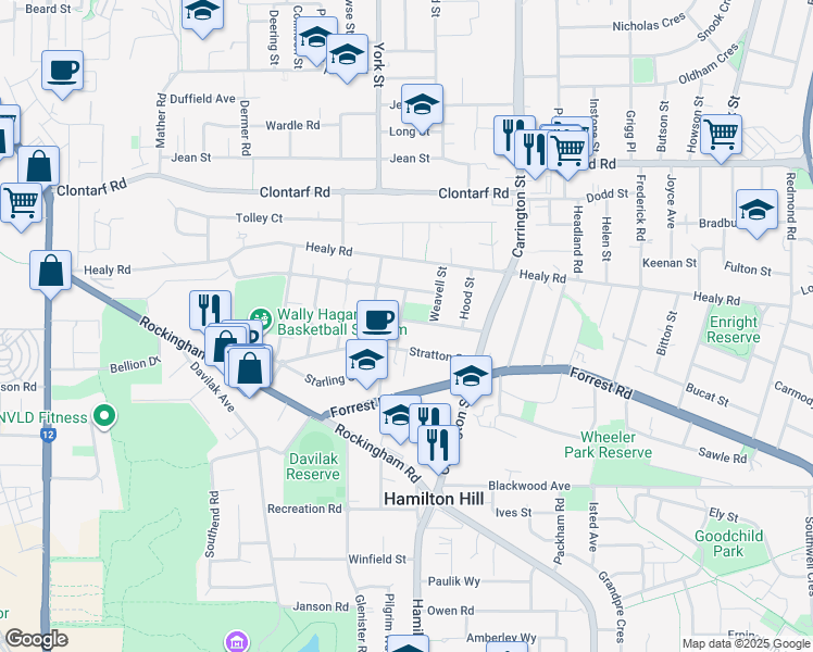 map of restaurants, bars, coffee shops, grocery stores, and more near 1 Mortlock Street in Hamilton Hill