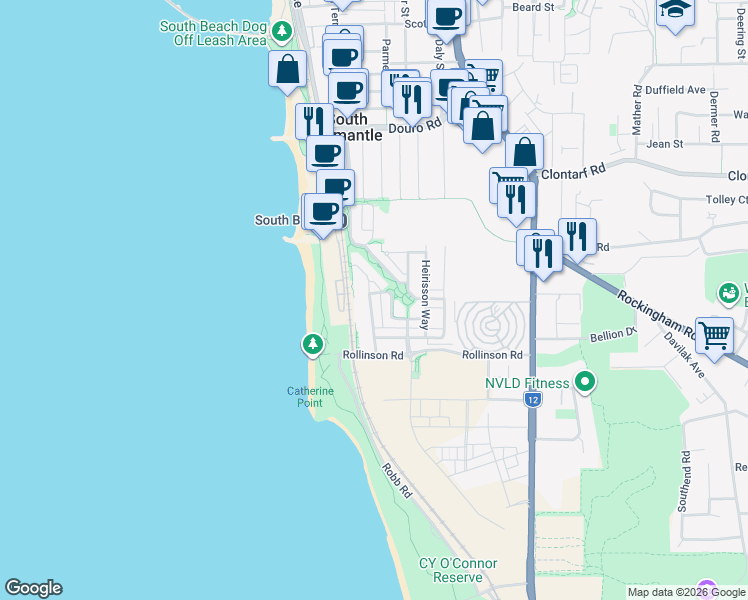 map of restaurants, bars, coffee shops, grocery stores, and more near 59 Shoalwater Street in North Coogee