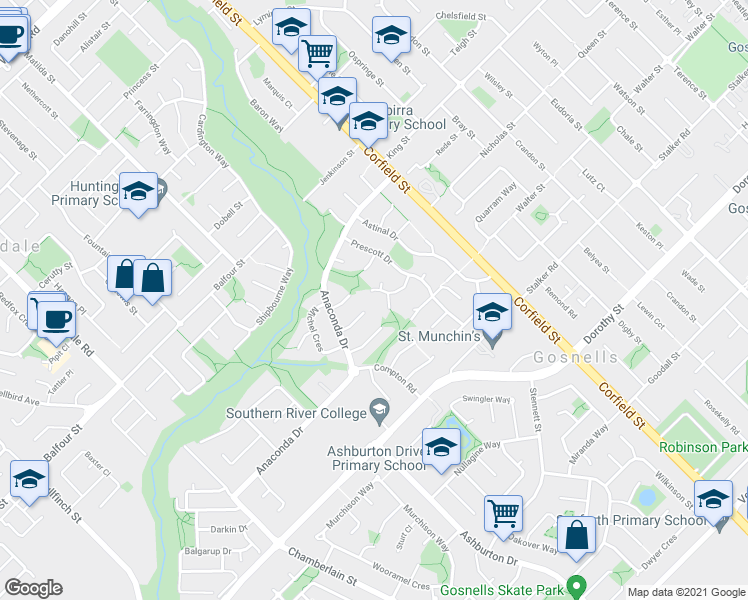 map of restaurants, bars, coffee shops, grocery stores, and more near 23B Starick Way in Gosnells