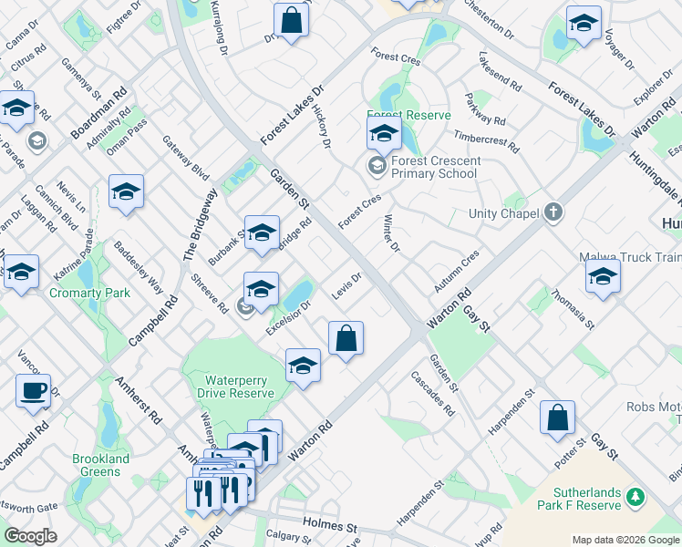 map of restaurants, bars, coffee shops, grocery stores, and more near 10 Excelsior Drive in Canning Vale