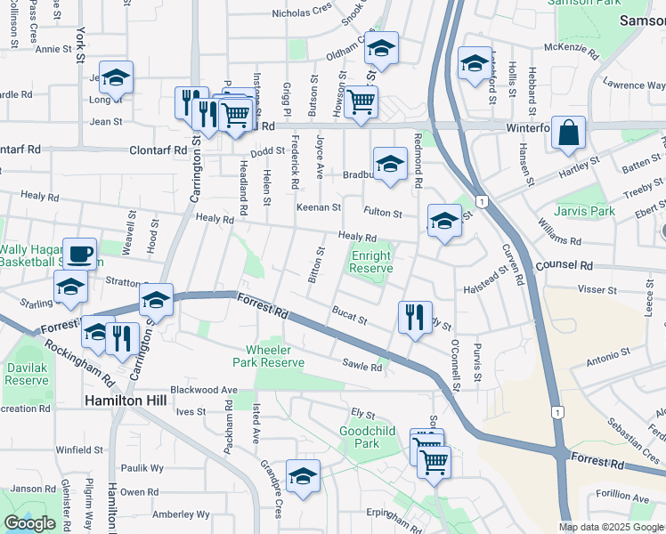 map of restaurants, bars, coffee shops, grocery stores, and more near 13 Arthur Road in Hamilton Hill