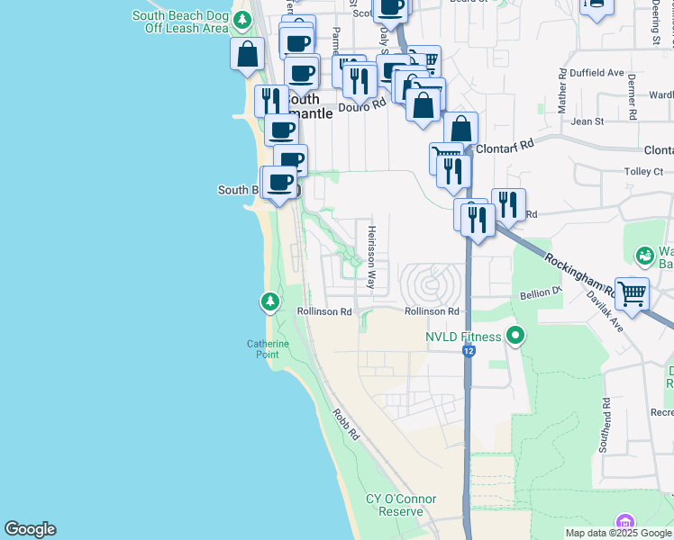 map of restaurants, bars, coffee shops, grocery stores, and more near 33 Shoalwater Street in North Coogee