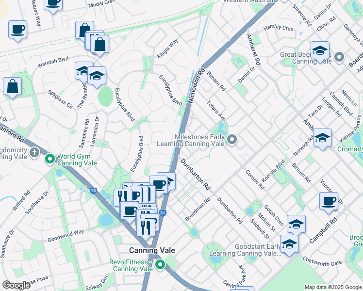 map of restaurants, bars, coffee shops, grocery stores, and more near 21 Corsican Way in Canning Vale