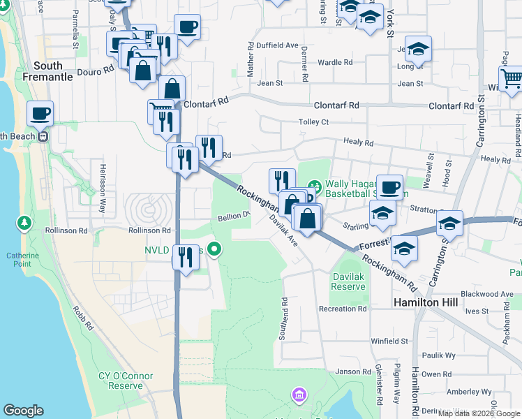 map of restaurants, bars, coffee shops, grocery stores, and more near 7 Davilak Avenue in Hamilton Hill