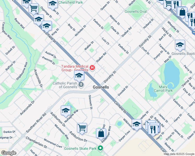 map of restaurants, bars, coffee shops, grocery stores, and more near 178 Corfield Street in Gosnells