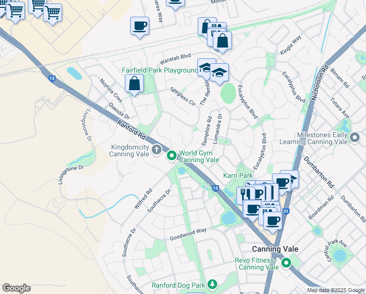 map of restaurants, bars, coffee shops, grocery stores, and more near 2 Peak View in Canning Vale