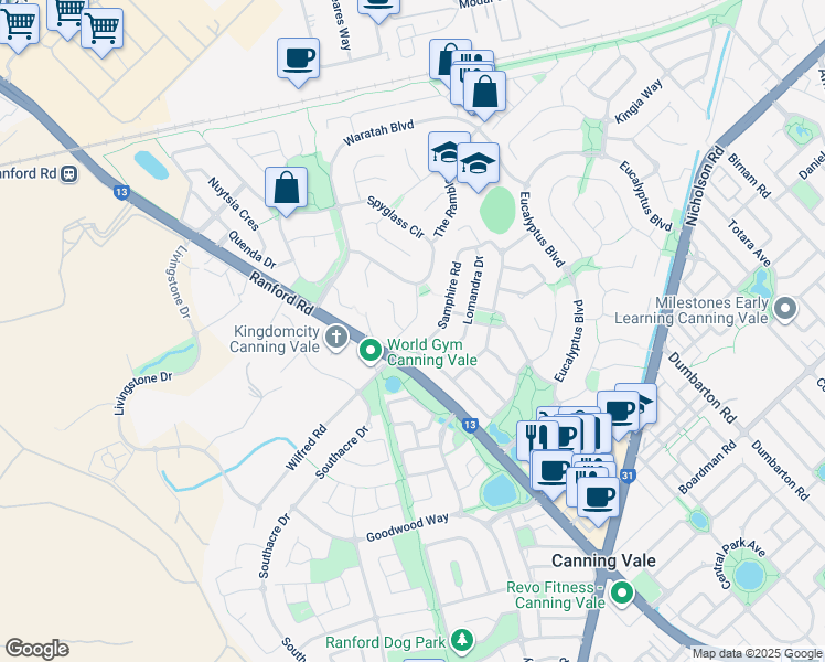 map of restaurants, bars, coffee shops, grocery stores, and more near 28 Treetop Circle in Canning Vale
