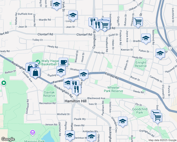 map of restaurants, bars, coffee shops, grocery stores, and more near 60 Forrest Road in Hamilton Hill