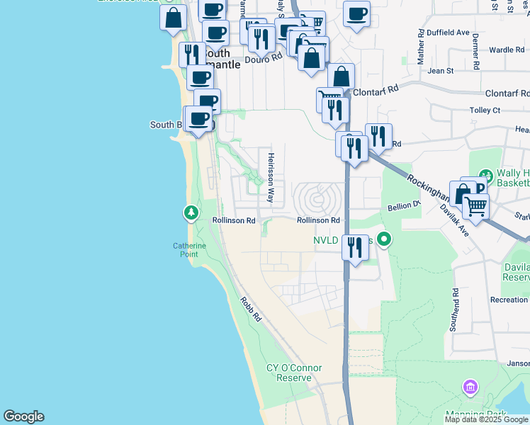 map of restaurants, bars, coffee shops, grocery stores, and more near 71 Breaksea Drive in North Coogee