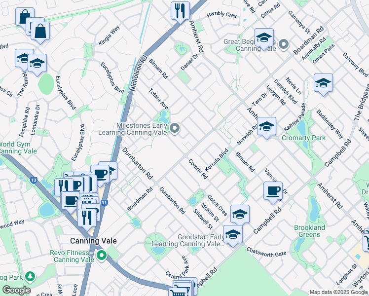 map of restaurants, bars, coffee shops, grocery stores, and more near 201 Boardman Road in Canning Vale