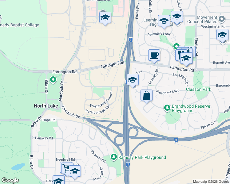 map of restaurants, bars, coffee shops, grocery stores, and more near 8 Peterborough Circle in North Lake