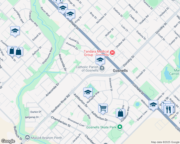 map of restaurants, bars, coffee shops, grocery stores, and more near 6 Isdell Place in Gosnells
