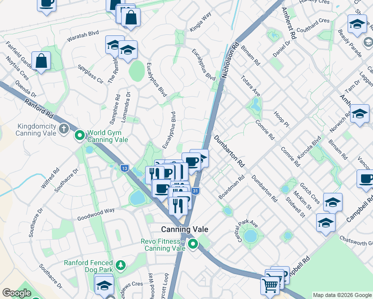 map of restaurants, bars, coffee shops, grocery stores, and more near 27 Templetonia Retreat in Canning Vale