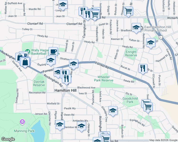 map of restaurants, bars, coffee shops, grocery stores, and more near 16 Fortini Court in Hamilton Hill