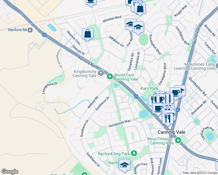 map of restaurants, bars, coffee shops, grocery stores, and more near in Canning Vale