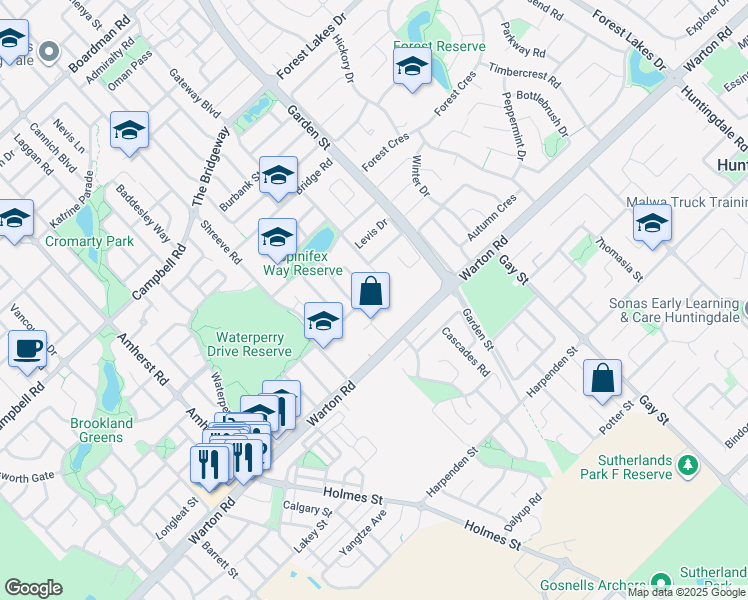 map of restaurants, bars, coffee shops, grocery stores, and more near 82 Spinifex Way in Canning Vale