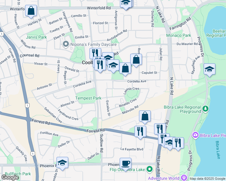 map of restaurants, bars, coffee shops, grocery stores, and more near 5 Rosalind Way in Coolbellup