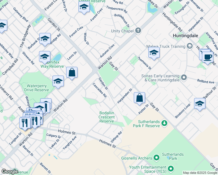 map of restaurants, bars, coffee shops, grocery stores, and more near 63 Copperback Circle in Huntingdale