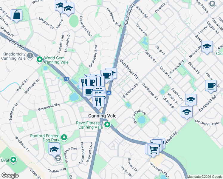 map of restaurants, bars, coffee shops, grocery stores, and more near 3 Elgin Road in Canning Vale