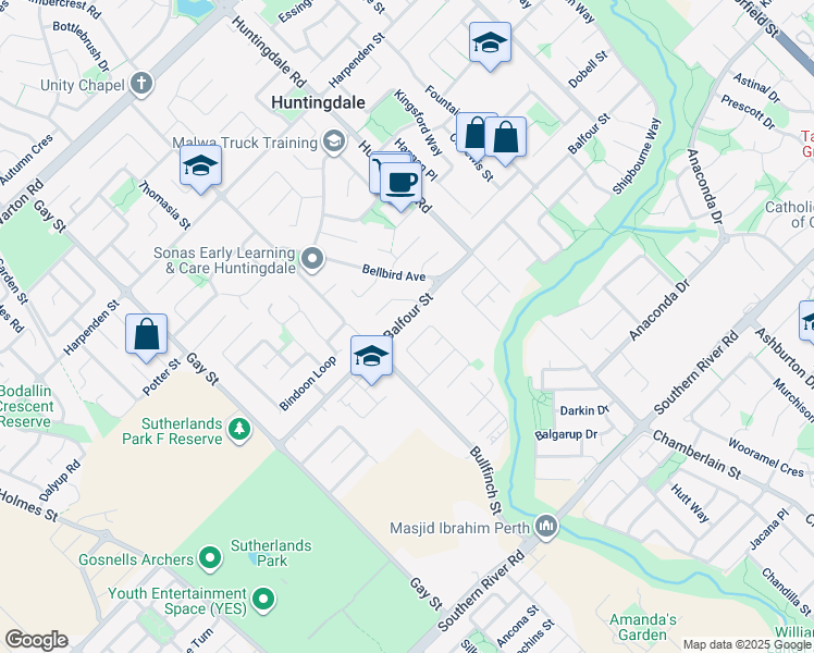 map of restaurants, bars, coffee shops, grocery stores, and more near 136 Balfour Street in Huntingdale