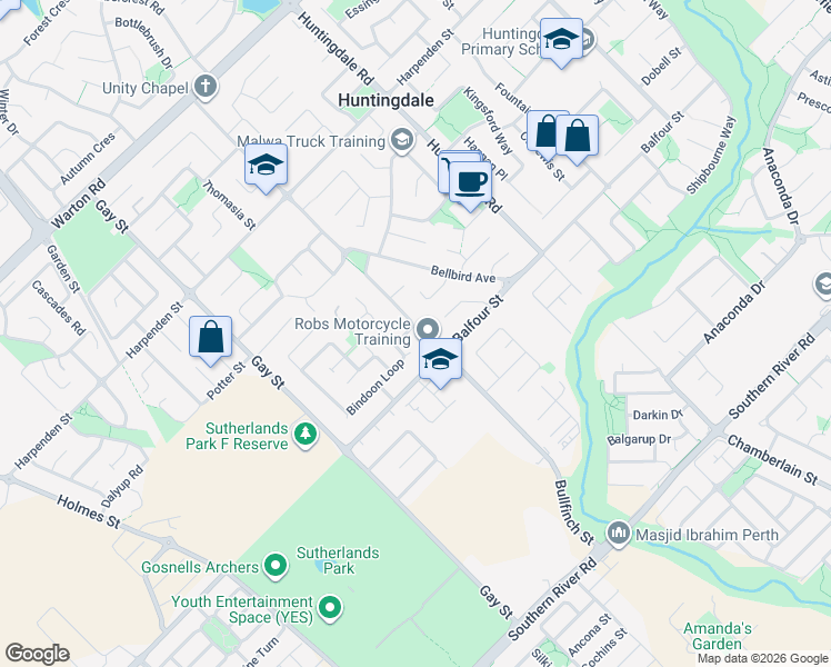 map of restaurants, bars, coffee shops, grocery stores, and more near 12 Pilot Road in Huntingdale
