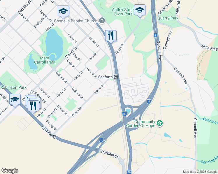 map of restaurants, bars, coffee shops, grocery stores, and more near 7 Kyme Court in Gosnells