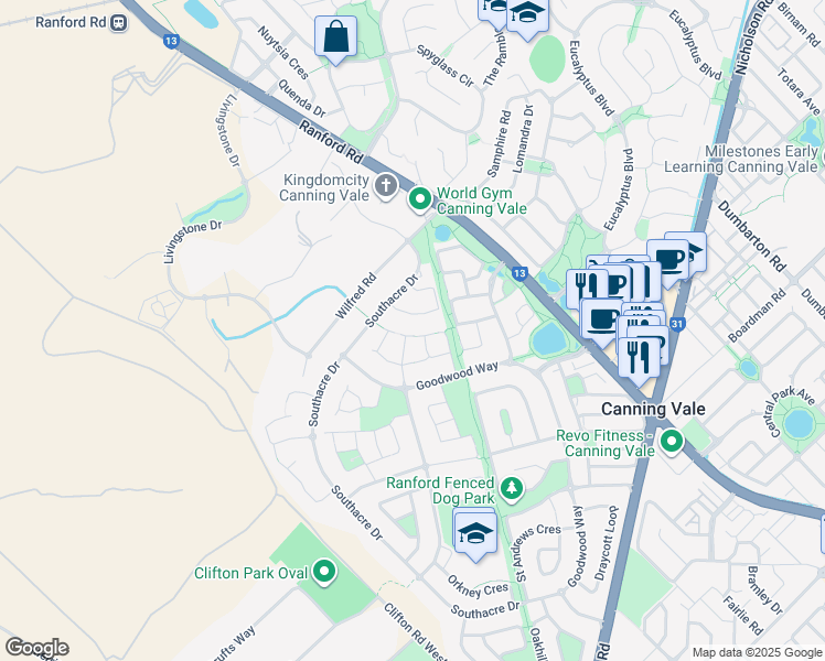 map of restaurants, bars, coffee shops, grocery stores, and more near 17 Beilson Court in Canning Vale