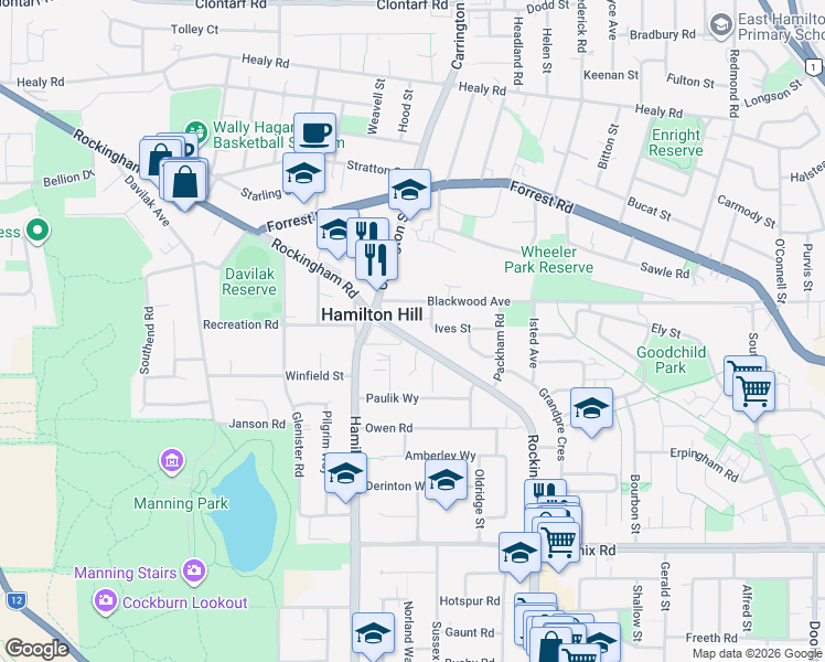 map of restaurants, bars, coffee shops, grocery stores, and more near 122 Rockingham Road in Hamilton Hill