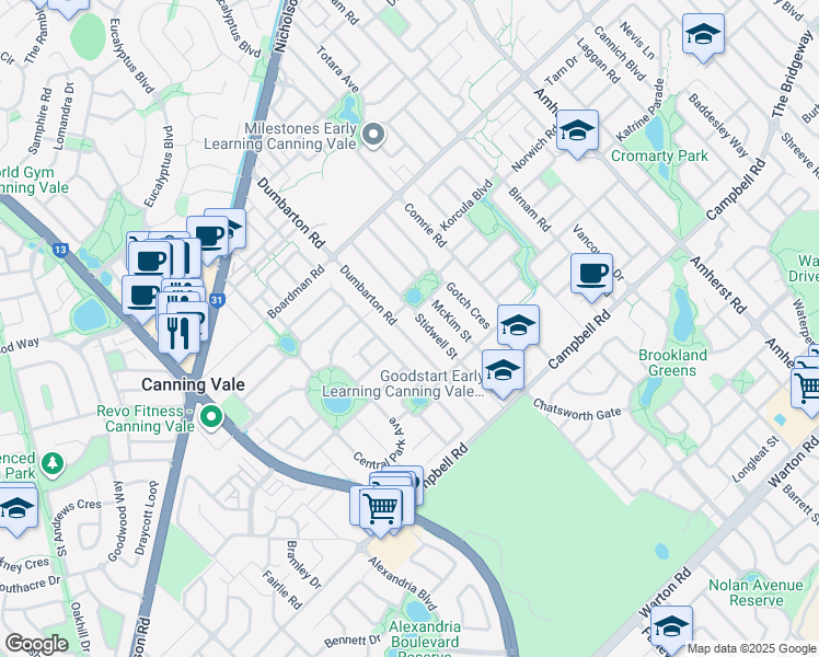 map of restaurants, bars, coffee shops, grocery stores, and more near 84 Dumbarton Road in Canning Vale