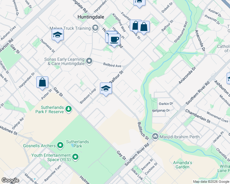 map of restaurants, bars, coffee shops, grocery stores, and more near 12 Bullfinch Street in Huntingdale