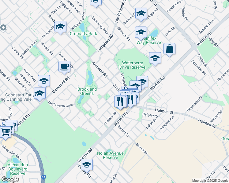 map of restaurants, bars, coffee shops, grocery stores, and more near 6 Caspian Terrace in Canning Vale