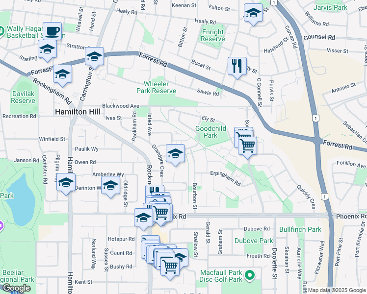 map of restaurants, bars, coffee shops, grocery stores, and more near 49 Plantagenet Crescent in Hamilton Hill