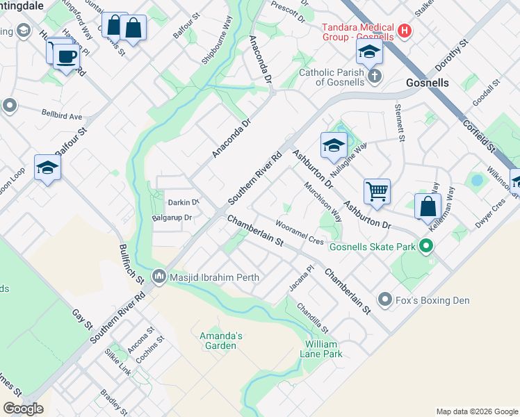 map of restaurants, bars, coffee shops, grocery stores, and more near 80 Murchison Way in Gosnells