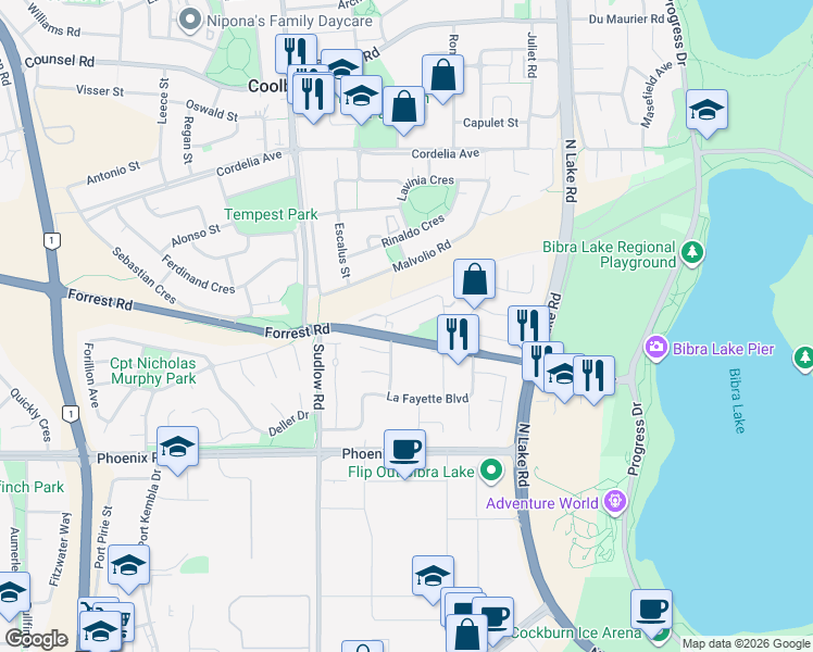 map of restaurants, bars, coffee shops, grocery stores, and more near 16 Ritz Court in Bibra Lake